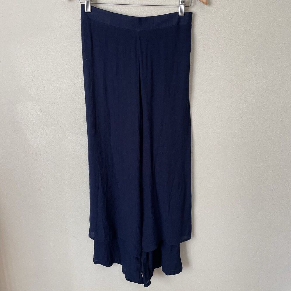 Grace Joy Silk Blend Flowy Boho Pants Womens S Blue Elastic Waist Tiered Hem